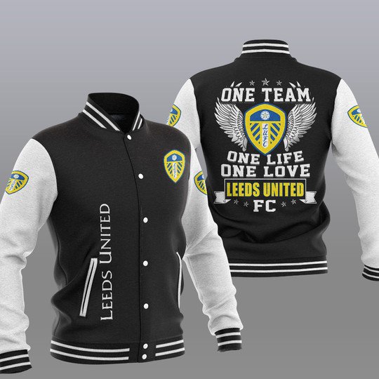 Leeds United One Team One Life One Love Schwarz Collegejacke